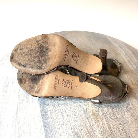 Jimmy Choo Metallic Pewter Strappy Heels EU 37 Italy Leather Sandals Sexy US 7 - Picture 9 of 10
